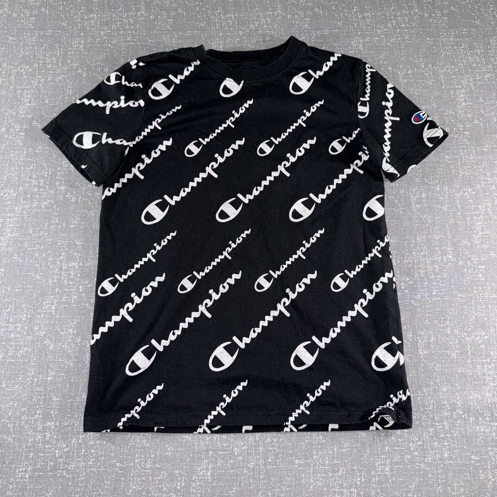Champion Shirt Mens Large Black All Over Logo Print Graphic Tee Streetwear